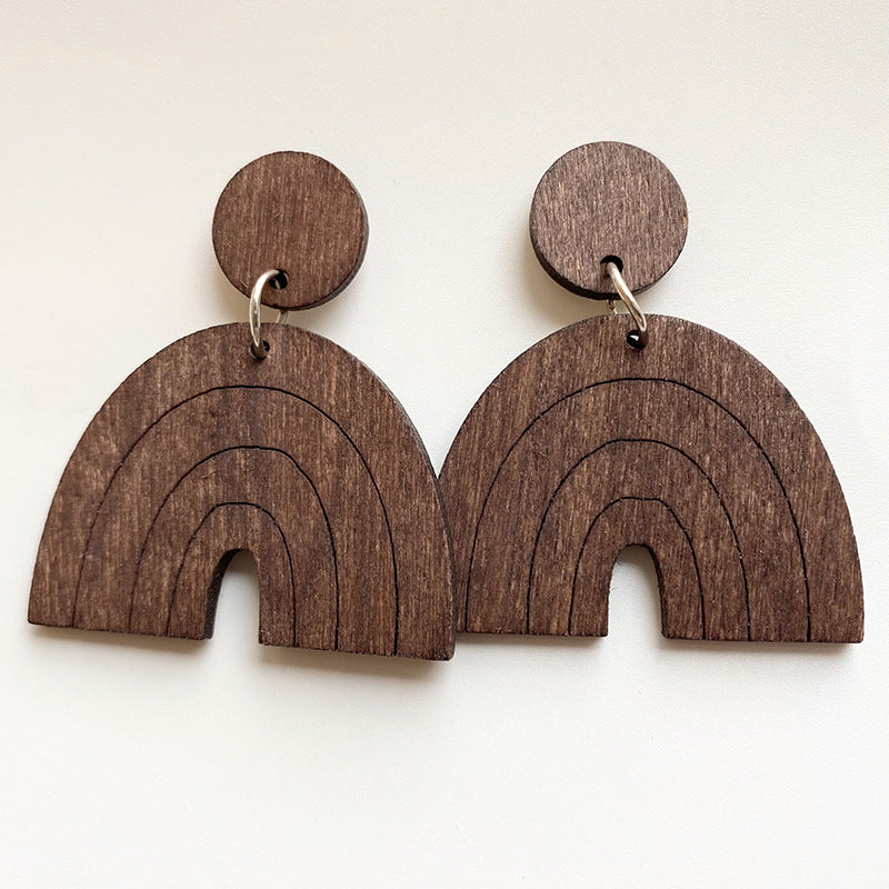 Wholesale 2 Pair/Pack Rainbow Shape Simple Personality Exaggerated Bohemian Geometric Long Wooden Earrings